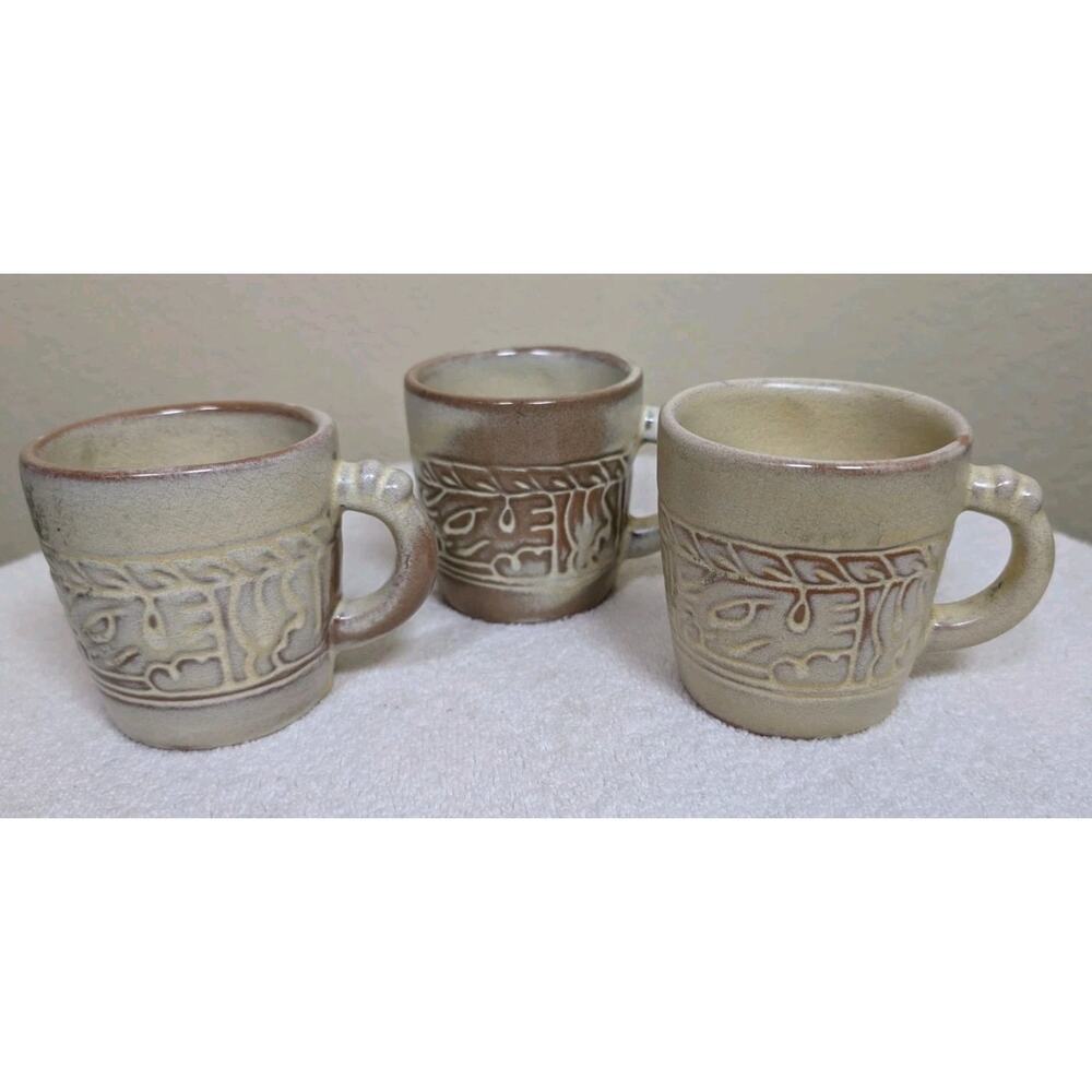 3 Vintage Frankoma Pottery Coffee Mugs 7C Mayan Aztec Desert Sand Glaze Cups